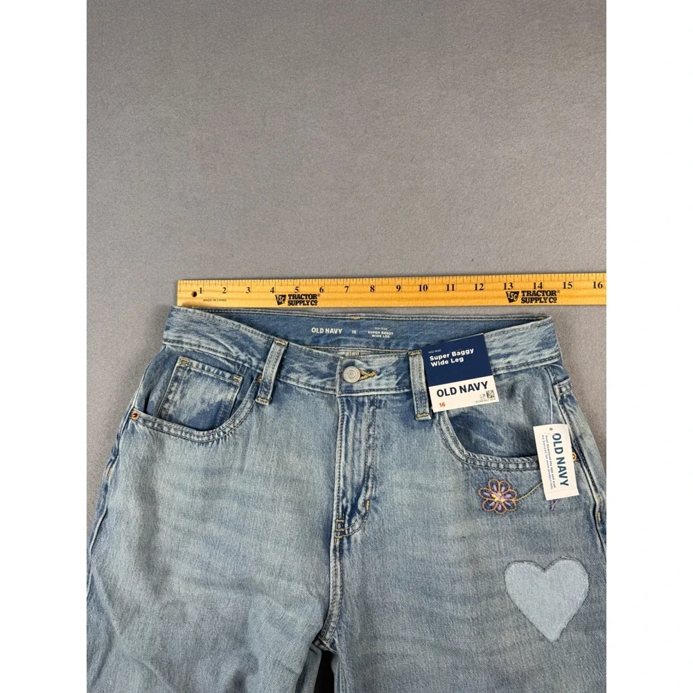 Old Navy Kids Super Baggy Wide Leg Jeans Light Wash Heart Floral Size 16 NWT